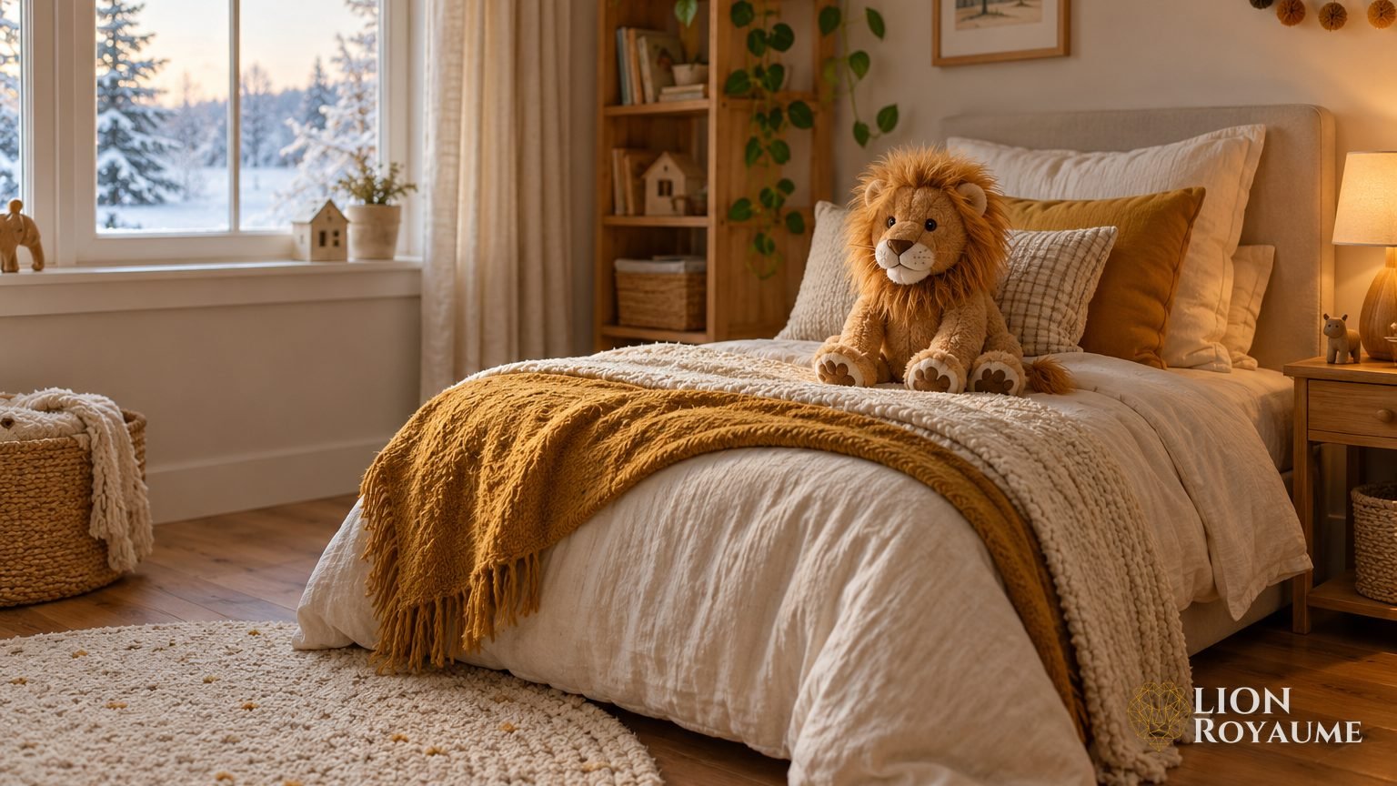 Peluche lion à crinière dorée posée sur un lit d'enfant en hiver, avec un plaid ocre et un tapis rond
