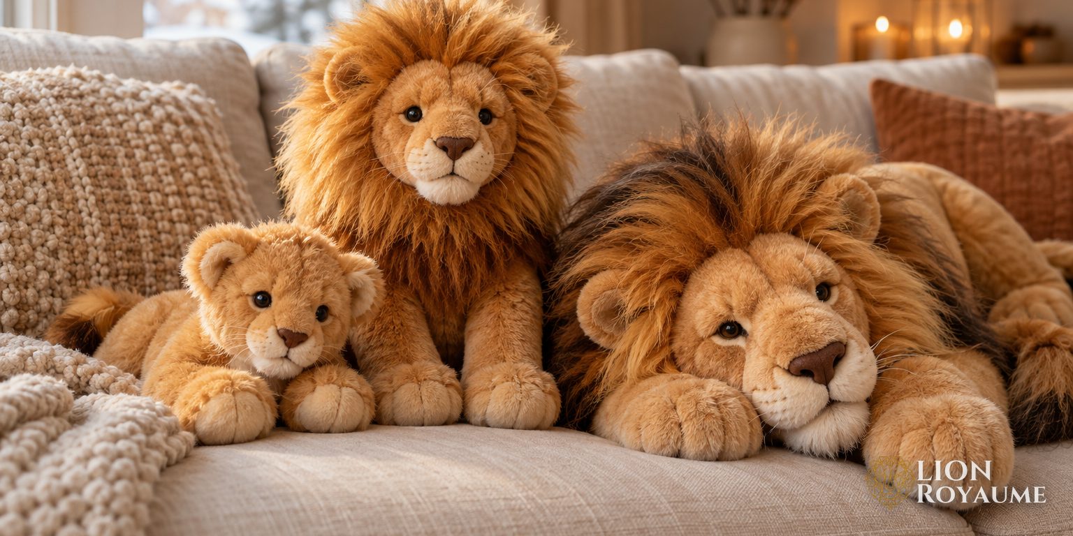 Trois peluches lion de tailles différentes posées sur un canapé beige