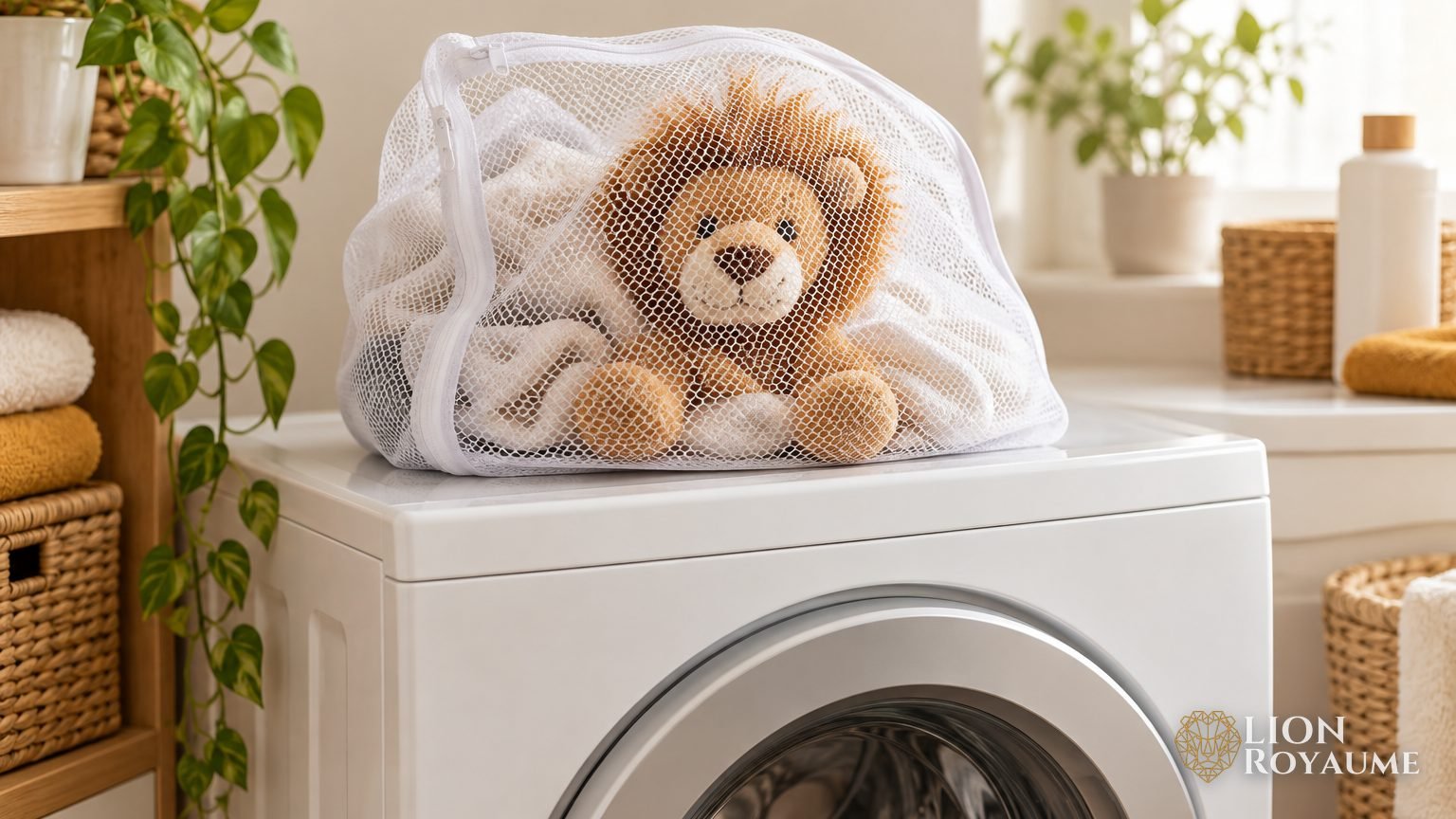 Petite peluche lion dans un filet de lavage blanc posé sur un lave-linge