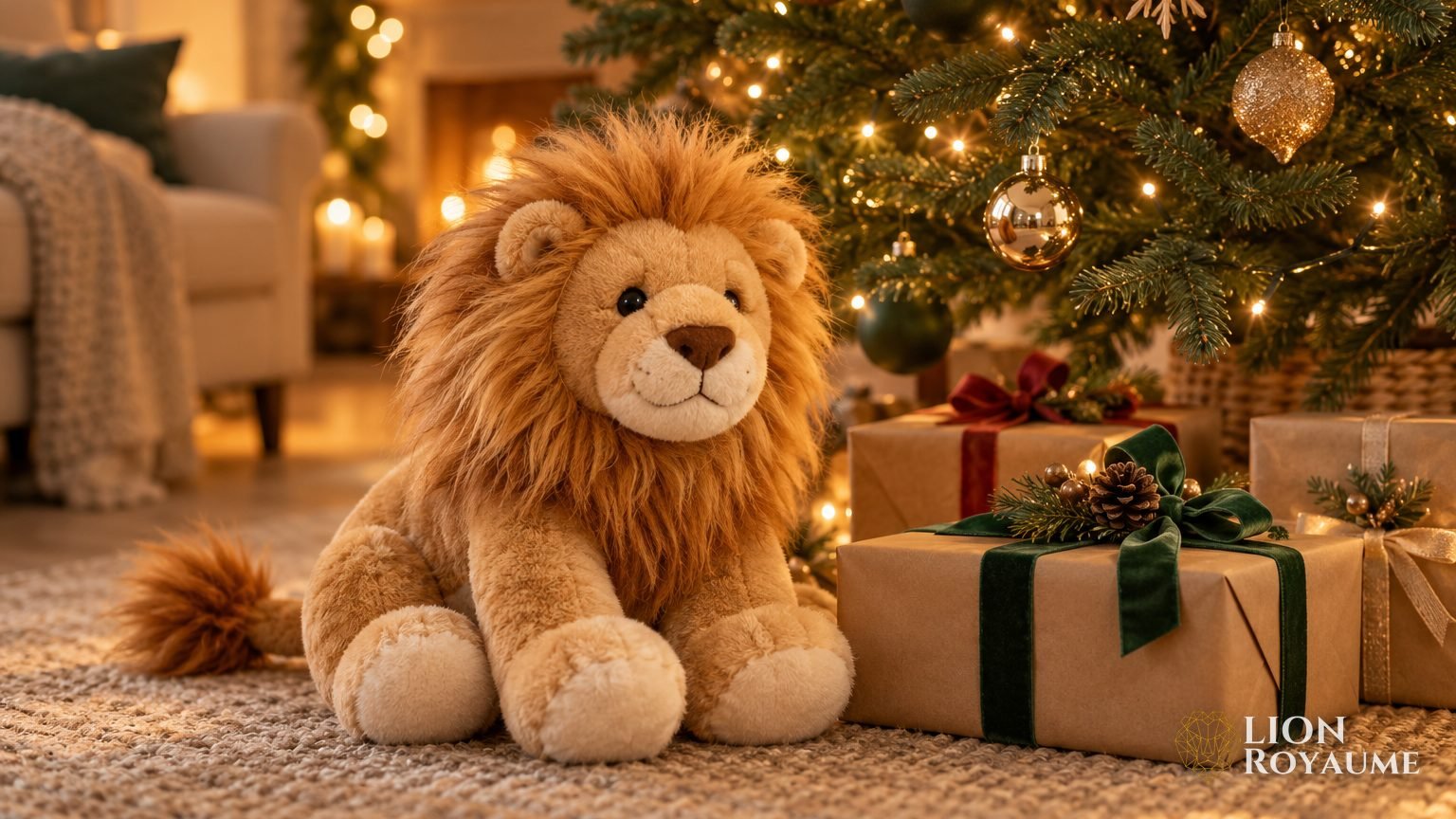 Peluche lion assise au pied d'un sapin de Noël, à côté de cadeaux emballés