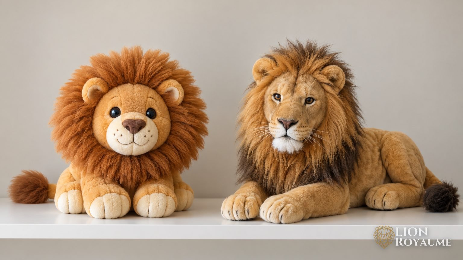 Deux peluches lion sur une étagère blanche, l'une ronde au style mignon, l'autre aux proportions réalistes