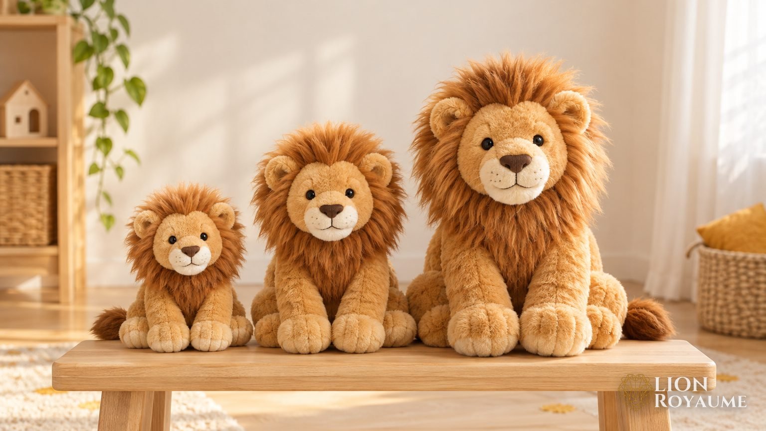 Trois peluches lion de tailles différentes, petite, moyenne et grande, assises sur un banc en bois