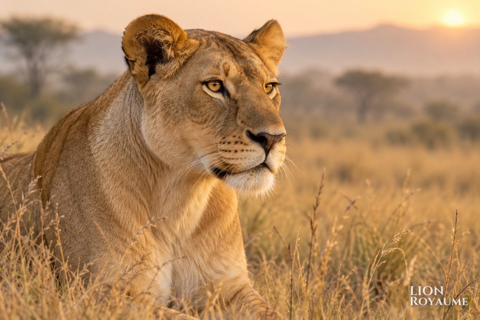Portrait de lionne au pelage fauve, de la même teinte que l'herbe sèche autour d'elle