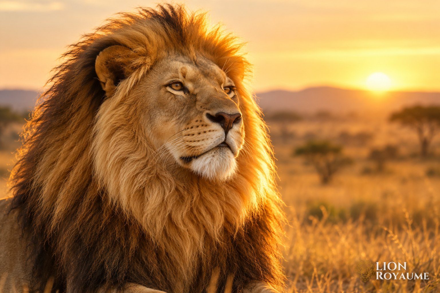 Portrait d'un lion mâle à la crinière dorée, éclairé par le soleil levant dans la savane