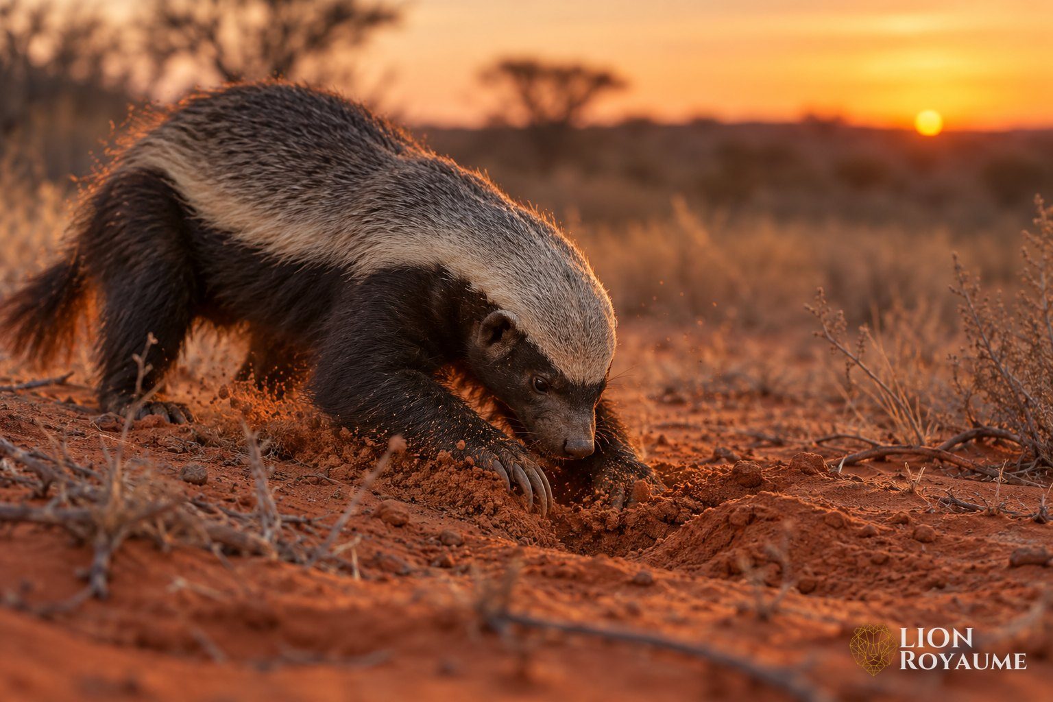 Ratel creusant le sable rouge du Kalahari avec ses griffes avant à la tombée du jour