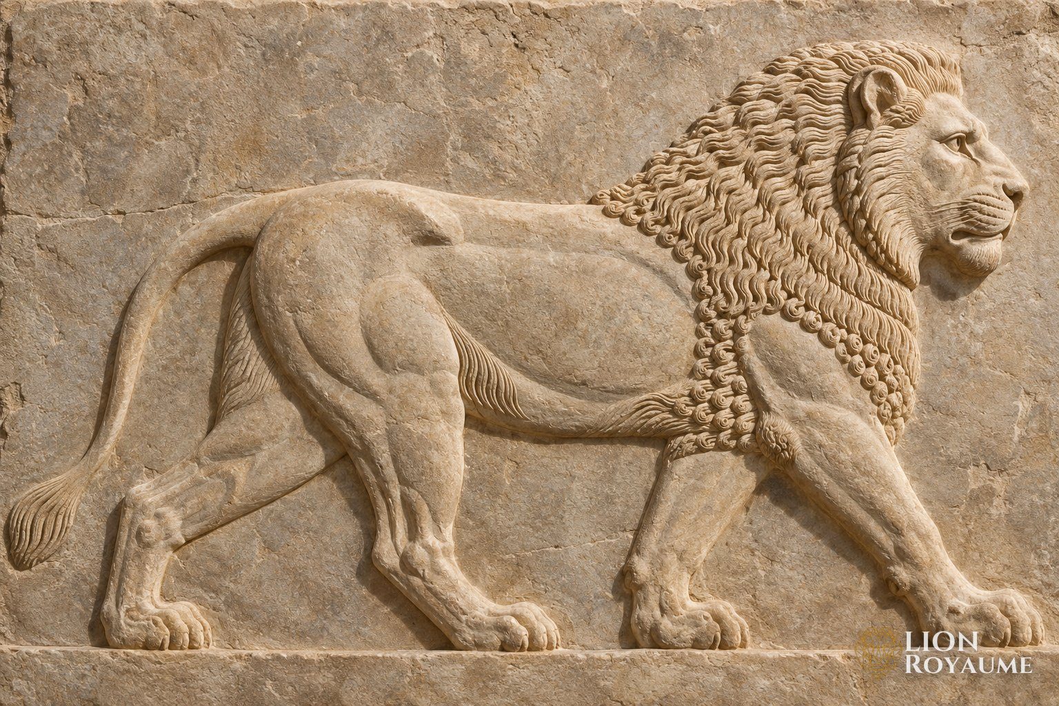 Relief de pierre de style assyrien montrant un lion qui marche de profil