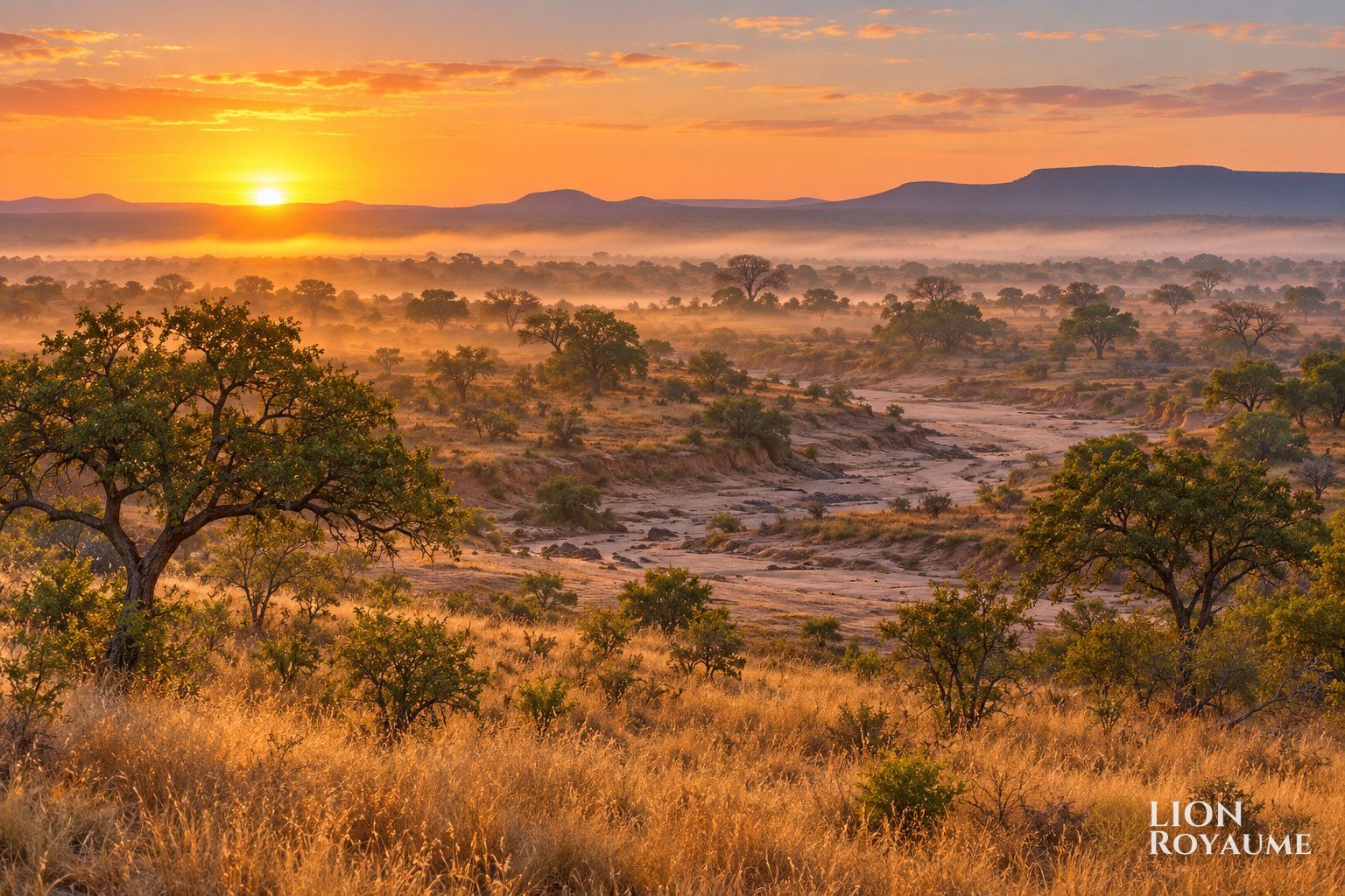 Savane sud-africaine au lever du jour, avec arbres épars et lit de rivière à sec