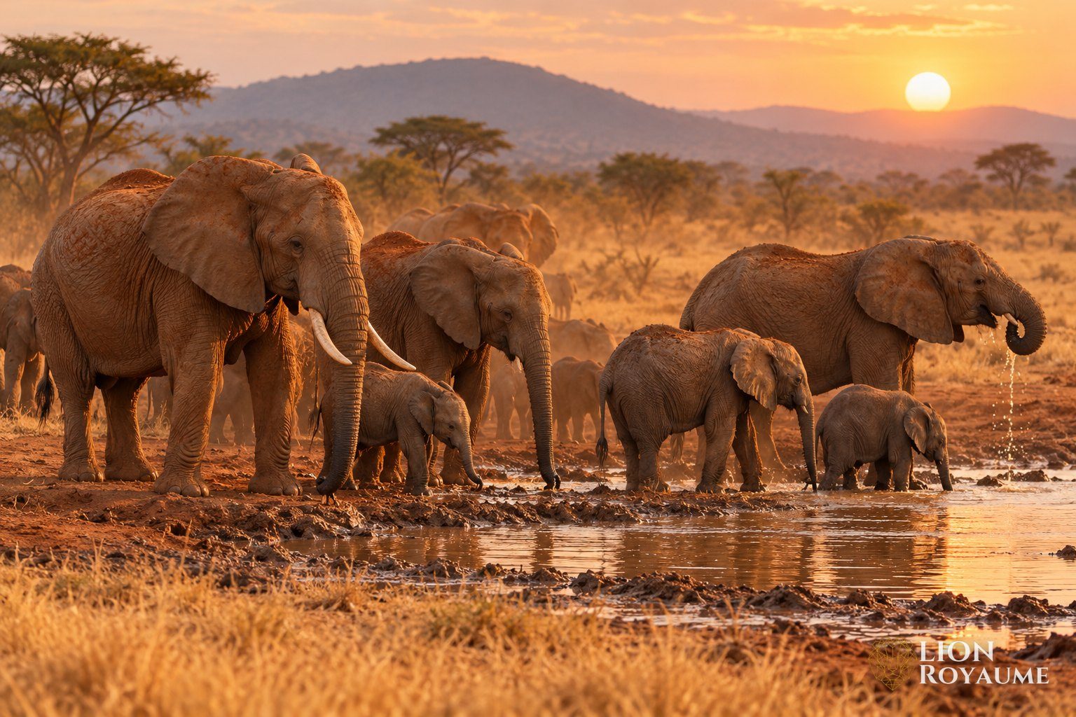 Troupeau d'éléphants avec des petits autour d'un point d'eau boueux en saison sèche