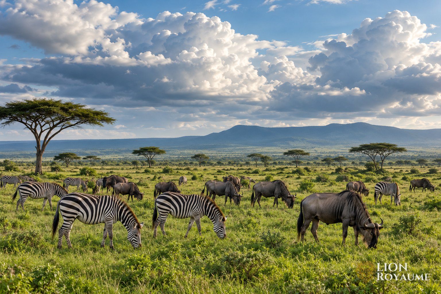 Zèbres et gnous bleus broutant ensemble une plaine verte de savane sous de gros nuages
